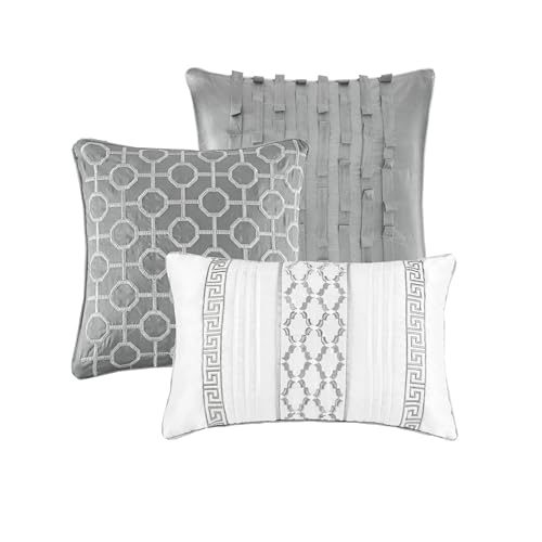 Madison Park Luxury Comforter Set-Traditional Jacquard Design All Season Down Alternative Bedding, Matching Bedskirt, Decorative Pillows, Queen(90"x90"), Bennett, Geometric Grey 7 Piece by Madison Park - Image 5