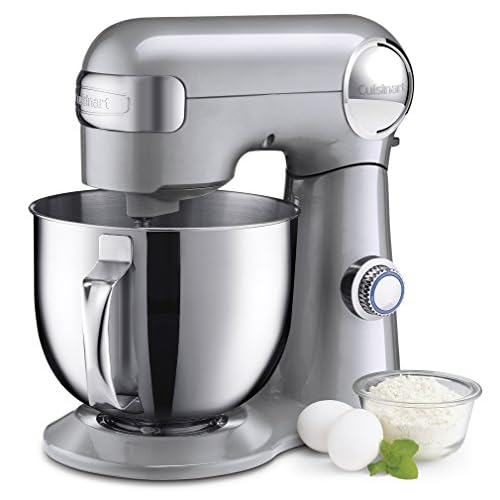 Cuisinart Stand Mixer, 12 Speeds, 5.5-Quart Mixing Bowl, Chef’s Whisk, Flat Mixing Paddle, Dough Hook, and Splash Guard with Pour Spout, Silver Lining, SM-50BC, Silver Lining