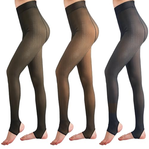 Image of Eurzom 3 Pairs Fleece Lined Stirrup Tights Women Fake Translucent Thermal Elastic Skin Colored Tights Warm Pantyhose