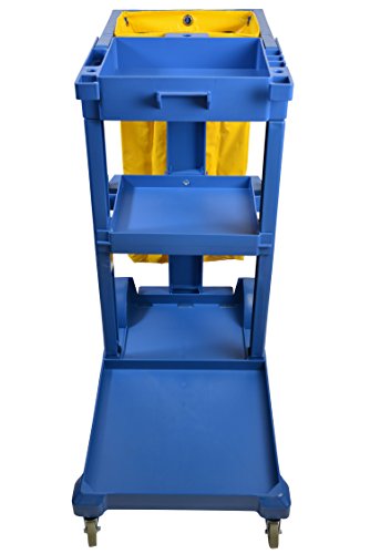 Image of Janico 1050BL Janitor Cart Commercial Housekeeping Utility Cart with 3 Shelfs, 25 Gallon Zippered Yellow Vinyl Bag, Blue, Pack of 1