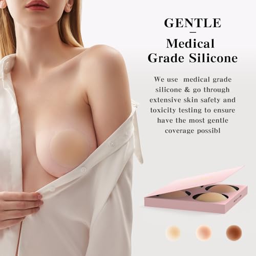 Image of Nipple Covers for Women 4 Pairs Sticky Silicone Reusable Pasties No Show | 50x Reusable Bra, Hypoallergenic, All-Day Comfort. Discreet Skin-Tone Coverage for Tight Clothes, Swimsuits & Activewear