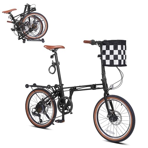 BGGFNZ 20 Inch Folding Bike, 7-Speed Foldable Bike for Adults Women Men, Folding Bicycles with Basket for Adults, Commuter Bikes with Front and Rear Disc Brakes, Adjustable Seat (Black)