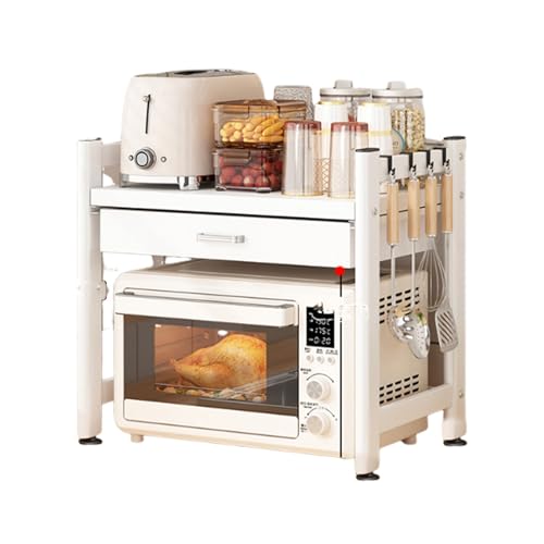 Dxcaicc 電子レンジラック、引き出し付きキッチントースタースタンド、箸ホルダー、フック、調理器具食器用カウンタートップオーガナイザー,白