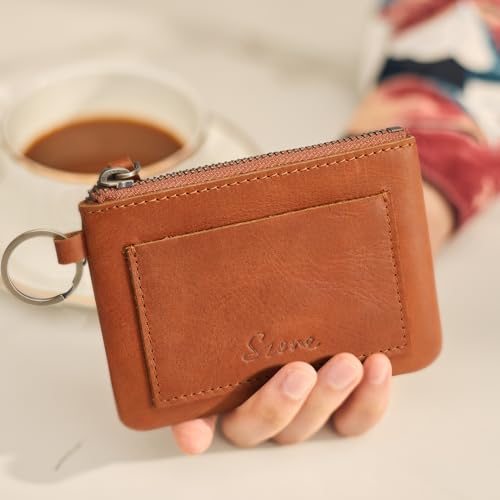 Image of S-ZONE Genuine Leather Coin Purse for Women Men, Zipper Pouch Pocket Wallet for Change, Cards with Keychain