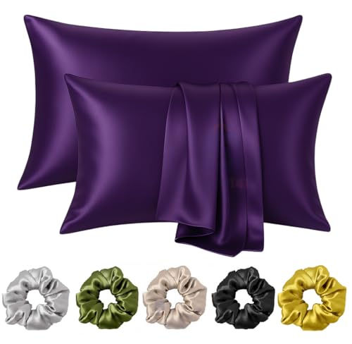 Image of Satin Pillow Covers for Hair and Skin Set of 2 with 5 Scrunchies I Satin Pillow case I Silk Pillow Cover I Silk Pillow case I Women Gift Items (Purple)