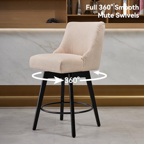 Image of Swivel Counter Height Bar Stools with Back, 26 inch H Seat Height Upholstered Fabric Counter Stools for Kitchen Island, Set of 2, Fabric in Flax Beige