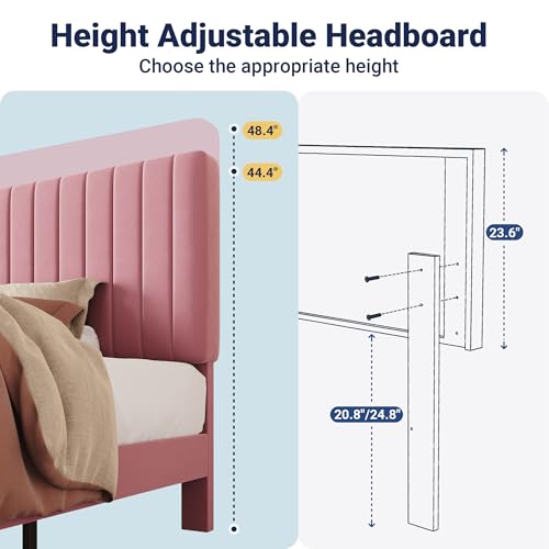 Image of Allewie Twin Bed Frame, Velvet Upholstered Platform Bed with Adjustable Vertical Channel Tufted Headboard, Mattress Foundation with Strong Wooden Slats, Box Spring Optional, Easy Assembly, Pink