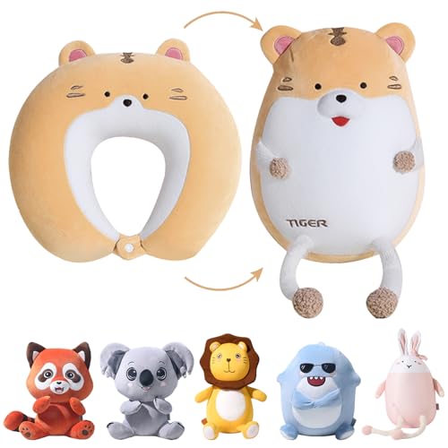 YOUYIKE Almohada de viaje 2 en 1 para niños, almohada cervical transformable en forma de U, con peluche de tigre, compañero de juego y dormir para aviones, coches y viajes (caqui)