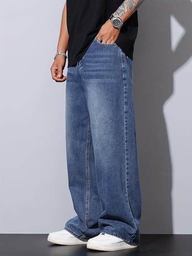 Image of AVANOVA Men's Baggy Fit Jeans- Solid Washed Denim Straight Wide-Leg | Streetwear Casual Dailywear Pants for Men | Trendy Loose-Fit Mid-Waist Denim Trousers (Jeans 247)