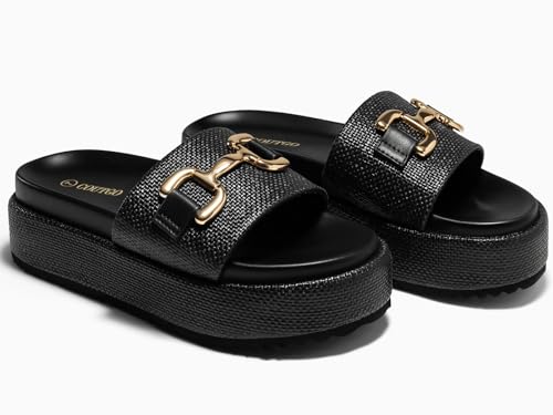 Image of Coutgo Womens Platform Sandals Raffia Espadrilles Metal Chain Slip on Open Toe Cute Beach Slide Sandals