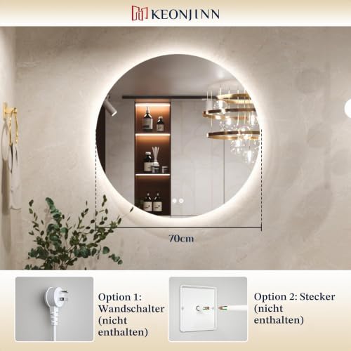 Keonjinn 70cm Rund Badspiegel mit Beleuchtung, Badezimmer Spiegel mit Beschlagfrei Touch Schalter Speicherfunktion 3 Lichtfarben Dimmbarer… – Ansicht 7