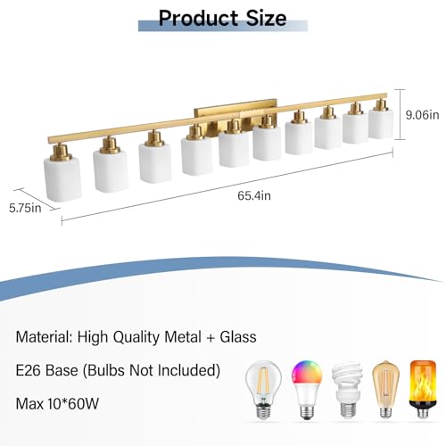 Image of Gold Bathroom Vanity Light,10-Light Brushed Gold Bathroom Light Fixtures with Square Frosted Glass,64.5in Wall Lamp Sconces for Mirror Bedroom,Living Room Hallway,E26