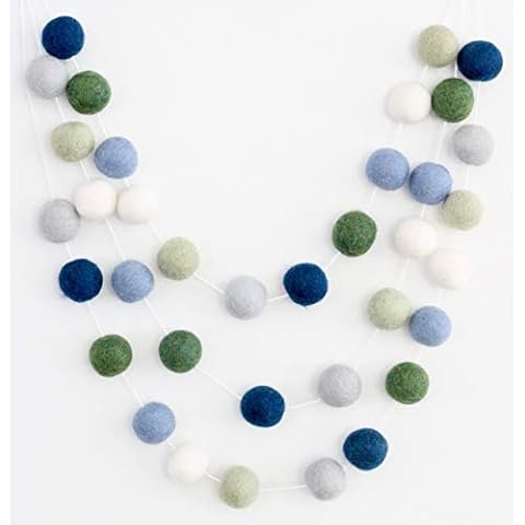 "Earth & Sky" Handmade Felt Ball Garland by Sheep Farm Felt- Blue & Green Pom Pom Garland. 2.5 cm balls. Cover