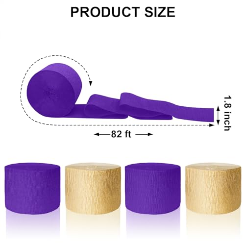 Image of 4 Crepe Paper Streamers Rolls, 328ft Pack of Purple and Gold Crepe Paper for Wedding Graduation Birthday Party Decorations (1.8 inch x 82 ft /Roll)