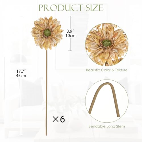 Briful Artificial Gerbera Daisy Bouquet – 6pcs Fall Flowers Stems, 17.7” Faux Daisies with Fabric Petals, Rustic Autumn Bouquet for Wedding Centerpieces, Home & Thanksgiving Decor, Brown