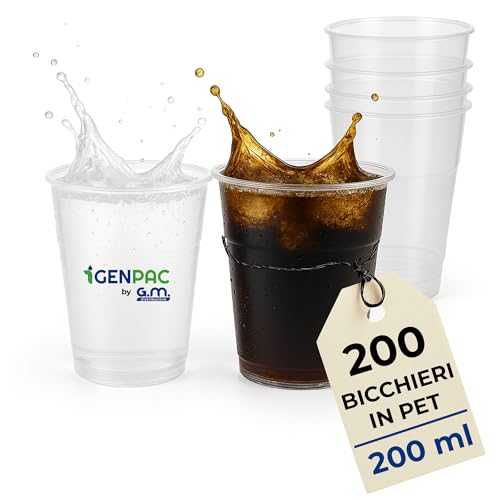 G.M. DISTRIBUZIONE 200 Bicchieri da 200 Ml Trasparenti in PET Riutilizzabile, Lavabili, Per Acqua, Birra, Vino, Yogurt, Bicchieri Multiuso per Bar e Lounge Bar