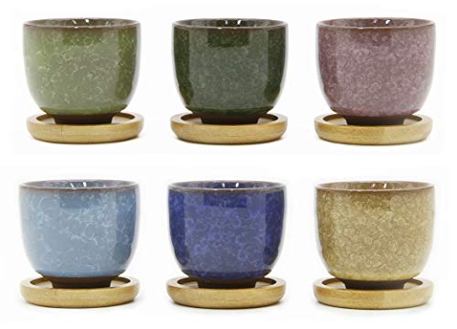 Goldblue Ice Crack Zisha Serial Ceramic Flowing Glaze Succulent Plant Pot (6Pcs With Bamboo Drip Tray) #TOP1
