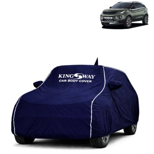Image of KINGSWAY Super Waterproof Car Cover Only with Tata Nexon (Year 2020 to 2023 - All Model) | Mirror and Antenna Pockets | All Weather Car Body Cover with Silver Piping | Blue