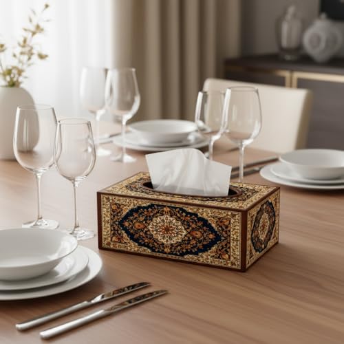Image of Blue Ivory Persian Motif Printed Wooden Tissue Box Holder Premium Rectangular Tissue Box Cover for Home & Office Use 6.5x5x3 Inch