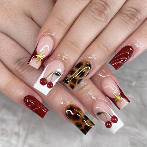 HIXENIFY Medium Square Press on Nails - Brown Leopard Print and Red Fake Nails Press ons with 3D Cherry Designs Glossy Reusable Stick on False Nails with Glue Tabs for Women Party 24PCS
