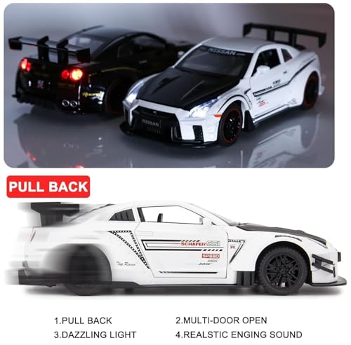 Image of Exclusive Alloy Metal Pull Back Die-Cast Car Diecast Metal Pullback Toy Car with Openable 6 Doors,Light Music Boys Gifts Toys (1:24 Nissan GTR - White Color)