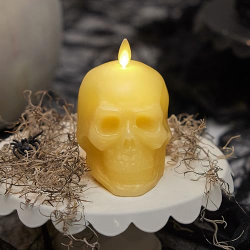 Image of Luminara Flameless Halloween Decor - Skeleton Figural LED Candle Natural Color, Ivory, 3.74 inch x 4.25 inch Real Wax Moving Flame Battery Operated w /Timer