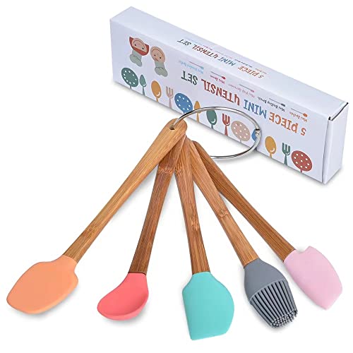 5 Piece Silicone Spatula,Mini Rubber Spatula Wooden Handle,Heat Resistant Silicone Spatula Set,Kitchen Utensils Non-Stick For Baking,Cooking And Mixing