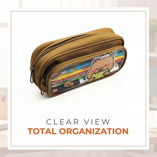 Image of Alokik Enterprise Cute Cartoon Pencil Pouch with Double Zipper & Transparent Window, Large Capacity Fabric Pen Case for School, Office, Students, Kids & Teens (Daily Life Brown Pouch)