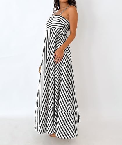 Image of NUFIWI Women Summer Striped Maxi Dress Spaghetti Strap Cutout Ruffle Long Dress Flowy Swing Beach Vocation Dress