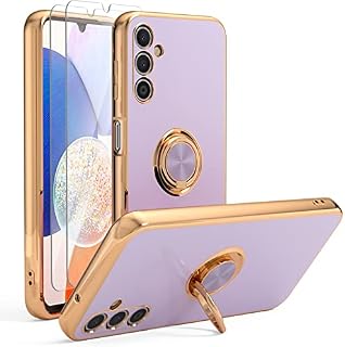 YIRSUR Case Compatible with Samsung Galaxy A14 4G/5G with 2 Screen Protector, with Ring Holder Plating Rose Gold Edge 360° Kickstand Cover Slim Soft Flexible TPU Protective Phone Case -Purple