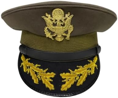 WWII US Army Air Force General Officer Visor Cap, Military Crusher Hat with Gold Eagle and Oak Leaf Insignia, Brown