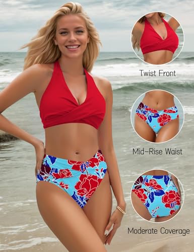 Image of Sopliagon Women's Bikini Sets Twist Front Two Piece Swimsuit Halter Bathing Suit