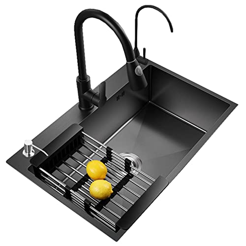 SaryEdge Lavavajillas doméstico de Acero Inoxidable Nano 304 de Tres Agujeros para Cocina con Grifo extraíble(Gris Negro - 72x45x20cm
