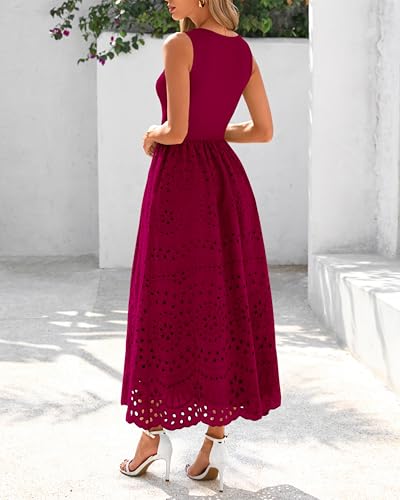 Image of dowerme Women Summer Dresses 2026 Casual Sleeveless Crewneck A-Line Boho Lace Eyelet Cotton Tank Maxi Dress with Pockets