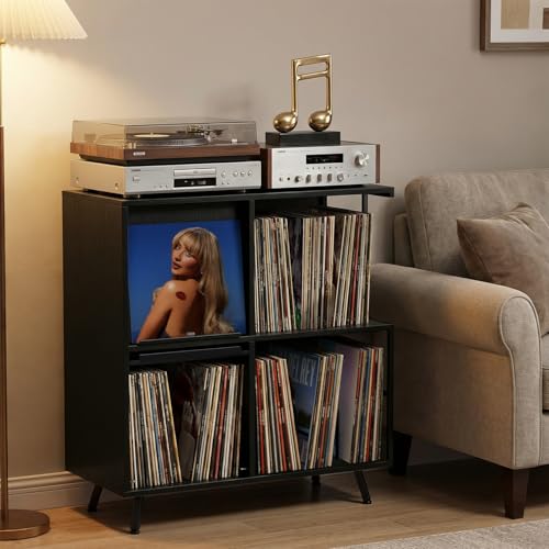 Image of Faesun 3 Tier Flip Top Record Player Stand, Vinyl Record Storage Holds up to 300+ Albums, Large Record Player Cabinet, Vintage Turntable Stand with Vinyl Display, for Living Room Bedroom, Black