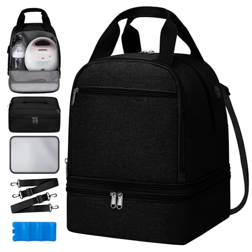 OCKLILY Breast Pump Bag for Working Moms - Insulated Cooler Bag with Laptop Sleeve - Fits Spectra Medela Lansinoh Evenflo Ameda - Waterproof Pumping Bag for Commute Travel Office (Black)