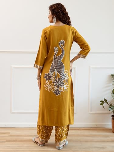 Image of INDO ERA Women's Viscose Rayon Embroidered Straight Kurta With Pant Set (IEOUT6942)