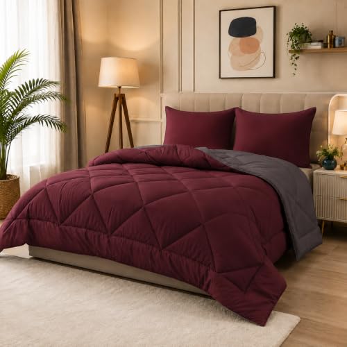 Image of 220 GSM Comforter Set Double Bed | Microfiber Reversible AC Blanket Duvet Quilt for Double Bed King Size for Winter (Maroon & Grey)
