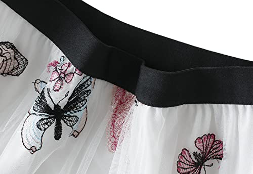 Easyoyo Saia de tule feminina plissada bordada, saia midi de malha de duas camadas com elástico e ci