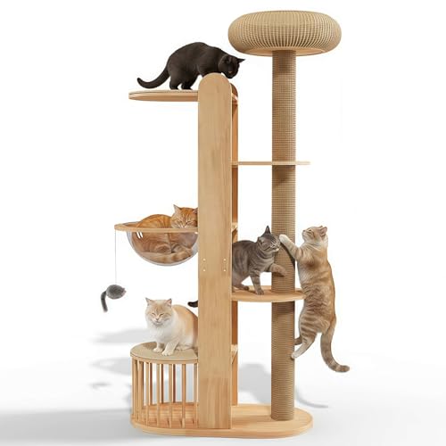 Massivholz Kratzbaum XXL 190cm - Großes Katzen Spielzeug mit Sisalpfeiler, DREI Plattformen für Mehrkatzenhaushalte, Gemütliches Katzenbett und...