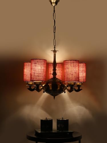 Image of Devansh 05 Lights Pink Jute Round Shade with Antique Golden Chandelier