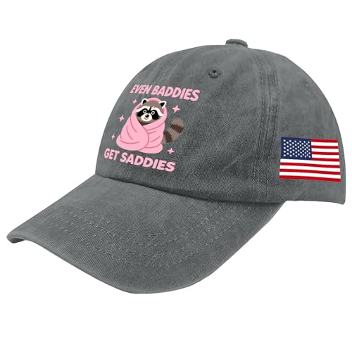 evened Baddies Get Saddies Hat for Mens Classic Washed Distressed Baseball Caps Light Grey