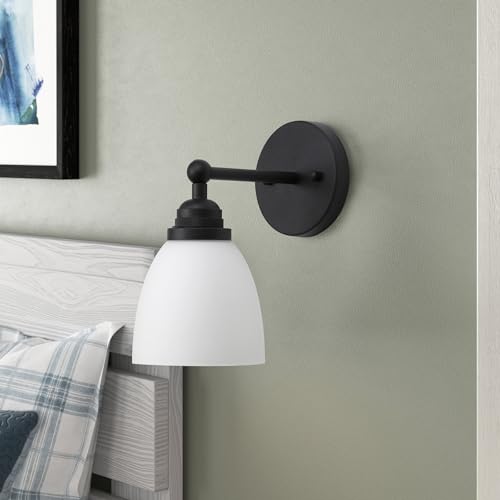 Image of Yosoan Indoor Milk Shade Reading Wall Sconce, 1-Light Modern Brass Vintage Industrial Single Lights Hardwired with White Oval Cone Glass Shade Small Lamp for Bathroom Bedside Hallway Vanity(Black)