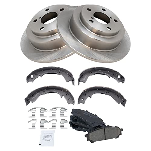 Image of TRQ Rear Ceramic Brake Pad and Rotor Set Includes Parking Brake Shoes Compatible with 04-07 Subaru Forester 04-07 Impreza Outback Sport H4 2.5L 06-07 2.5i 04-05 RS