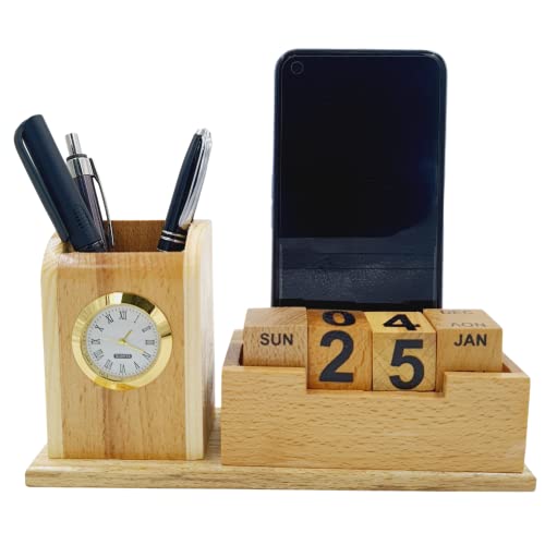 Image of WOODHOUSE Wooden Pen Stand with Calendar & Mobile Stand for Office Table, Pen Holder 100 Years Calendar, New Year Calendar 2023 for Office Table | Lifetime Infinite Perpetual Desk Calendar (WH-107)