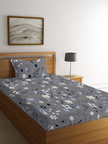 LOOMLYFE 300 TC Cotton Feel Glace Elastic Fitted Printed Single Bed Bedsheet with 1 Pillow Cover Fits Upto 6 Inches Mattress,Size- 42X75X8 Inches, GreyBlueFlower