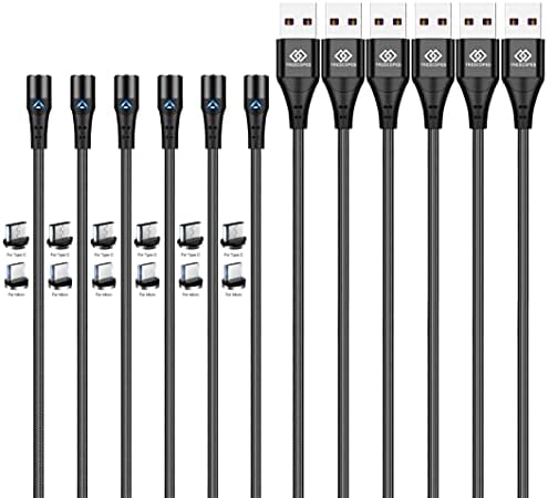 Trescopes Magnetic Charging Cable Fast Charging, [6 Pack] Fixed Head. Phone Charger, Data Transfer Compatible for Micro USB, Type C, Smartphones, USB C
