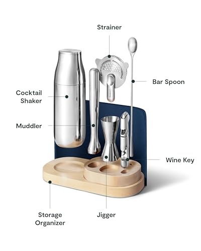 Caraway 9-Piece Complete Bar Set - Cocktail Shaker, Jigger, Muddler, Wine Key, Strainer, Bar Spoon, Storage Organizer, Magnetic Backer - Bartender Accessories - Tools for Home Bartending - Navy - Image 4