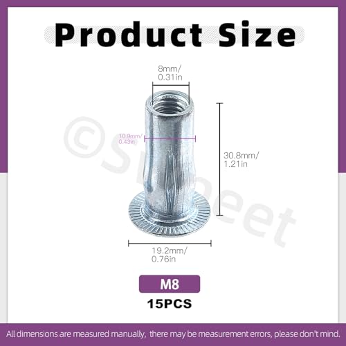 Miniatura 2 de Swpeet 15pcs M8 Tuercas De Remache De Acero Al Carbono Cincado De Color Blanco Con Múltiples Agarres Y Kit De Tuercas Y Remaches, Con Vástago En Bulbo, Inserto Roscado De Cabeza Plana, Tuerca De