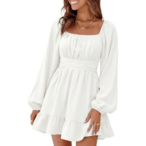 Dokotoo Womens Dress Lantern Sleeve Elastic Waist Tie Backless Mini Dress
